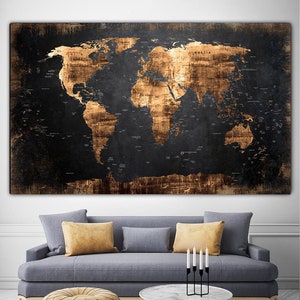 Black Vintage Style World Map Print on Canvas Gold World Map Wall Art World Map Home Decor World Map Decor Continent Decor Atlas Canvas Art image 1