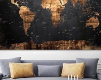 Negro Estilo Vintage Mapa del Mundo Imprimir en Lienzo Oro Mapa del Mundo Arte de la pared Mapa del mundo Decoración del hogar Decoración del mapa del mundo Decoración del continente Atlas Arte de lienzo