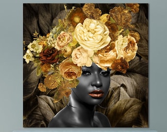 Floral Head Woman Print On Canvas Modern Head of Flowers Print Woman with Flowers Modern Black Woman Strong Decor Black Girl Magic Poster