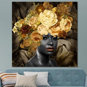 Floral Head Woman Print On Canvas Modern Head of Flowers Print Woman with Flowers Modern Black Woman Strong Decor Black Girl Magic Poster image 1