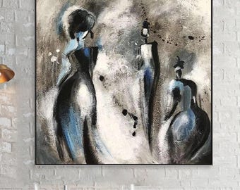 Extra Large Abstract Human Figure Painting: Gray Modern Wall Art