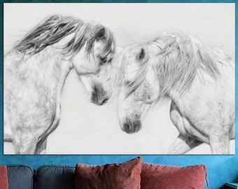 Original Horses Couple Print On Canvas Black and White Modern Poster Wall Hanging Decor Romantic Gift Print Art for Living Indie Room Decor