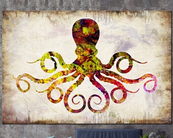 Original Abstract Octopus Print On Canvas Sea Animal Illustration Wall Hanging Decor Sea Life Multi Panel Print for Living Room Decor