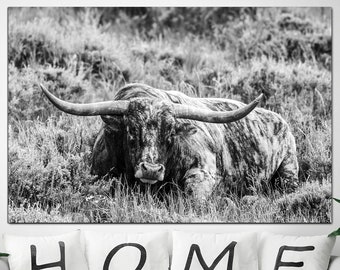 Longhorn Cow Print Longhorn Canvas Print Western Home Decor Cow Wall Art Neutral Farmhouse Colors Longhorn Wall Art Farmhouse Room Decor