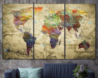 Extra Large Wall Art World Map Watercolor Canvas Print Beige Poster Original Colorful Artwork Travel Map Print For Living Room Decor