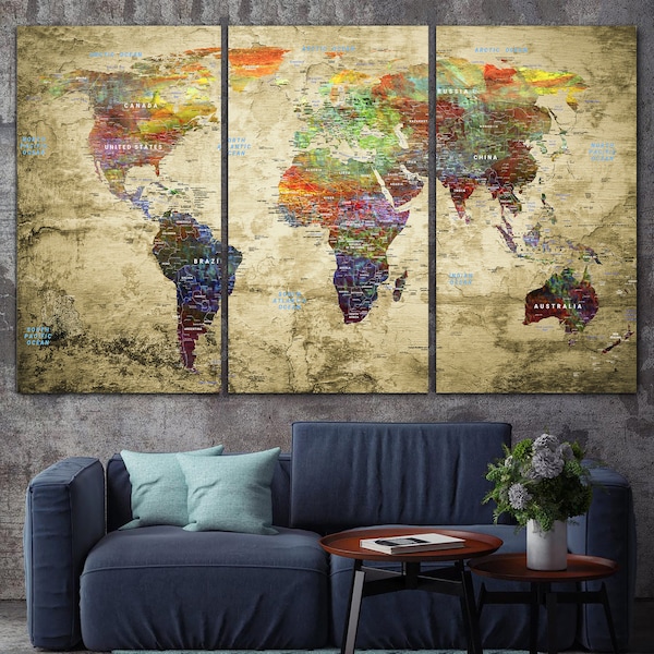 Extra Large Wall Art World Map Watercolor Canvas Print Beige Poster Original Colorful Artwork Travel Map Print For Living Room Decor