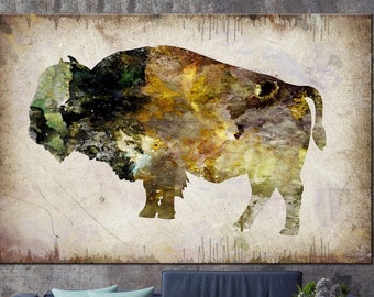 Buffalo Art Print On Canvas Woodland Abstract Animal Wall Art Wild Animal Poster Buffalo Multi Panel Print Buffalo Silhouette Wall Decor