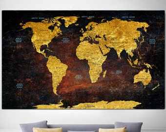 Golden World Map Canvas Wall Art Map Of The World Multi Panel Print Travel Geography Wall Hanging Decor Educational Map Decor for Home