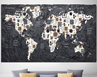 Large Grey World Map Print on Canvas Map of the World Multi Panel Geographical World Map Wall Art Gift for Travelers Wall Hanging Decor