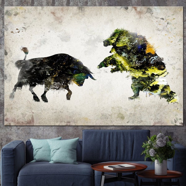 Bull and Bear Stock Market Wall Art Stock Exchange Wall Art Bull and Bear Print Canvas Gift for Traders Business Wall Art for Office Decor