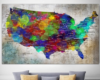 Push Pin USA Map Canvas Wall Art Colorful Map Of America Library Decor Print Original USA Map Print Educational Map Decor for Living Room