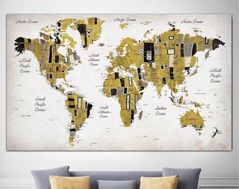 World Map on Canvas World Map Wall Art Customized Black and Gold Map of World Detailed Traveler Map for Office Wall Hanging Decor for Home