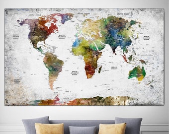 Detailed Push Pin World Map Print On Canvas Map Of The World Multi Panel Print Educational World Map for Nursery Room Decor