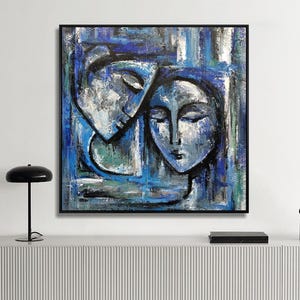 Original Abstract Blue Faces Painting Figurative Wall Art