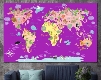 Original World Map Print on Canvas Educational Continent World Map Poster Colorful Map of the World Animal World Map Poster for Kids Room