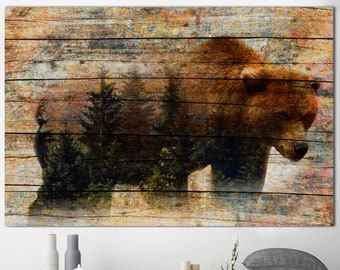 Bear Canvas Wall Art Wild Animal Multi Panel Print Grizzly Bear Wall Print Wild Nature Modern Decor Wood Style Print for Living Room Decor