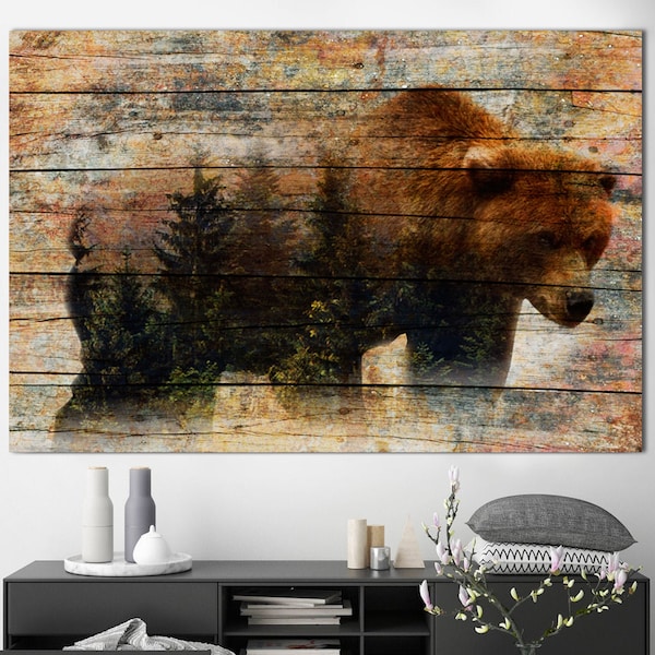 Bear Canvas Wall Art Wild Animal Multi Panel Print Grizzly Bear Wall Print Wild Nature Modern Decor Wood Style Print for Living Room Decor