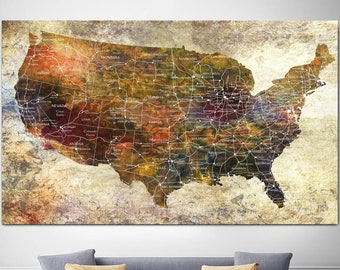 USA Map Print on Canvas Colorful American Map Multi Panel Print Modern Educational Map Traveler Art for Office Decor