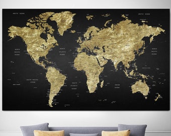 Classic World Map Canvas Wall Art Golden Map Print Black Background Wanderlust Map Of The World Multi Panel Print Geography Wall Decor