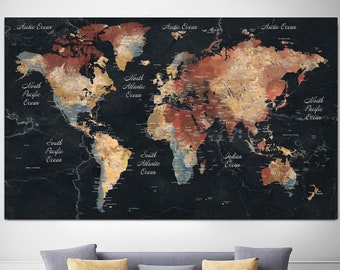 Large World Map Print on Canvas Black Background Metallic Finish Wall Art Travel Decor Poster Modern Map Design Geography Educational Print