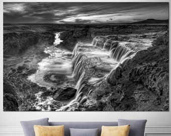 Dramatic Black Aand White Landscape Featuring A Powerful Waterfall Print Natural World Poster Dynamic Nature WAll Art Force Of Nature Decor