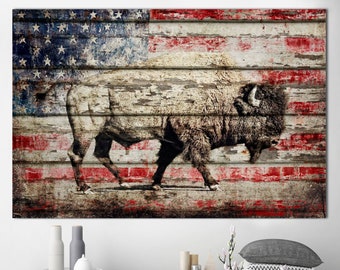 Bison Canvas Wall Art American Flag Sign Multi Panel Print Gift for Patriot Original Wall Hanging Decor for Living Room
