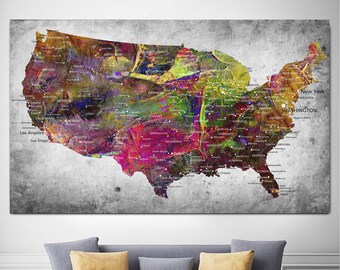 Colorful USA Map Print On Canvas Geography Map Multi Panel Print Modern Educational Map Traveller Gift Office Decor