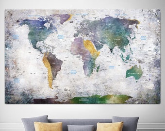 Mappa del mondo colorata Stampa Mappa del mondo dettagliata Mappa educativa su tela Mappa di viaggio personalizzata Mappa del mondo di Wanderlust per l'arredamento dell'ufficio