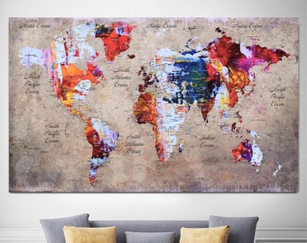 Colorful World Map Print on Canvas Geography Poster Cartography Art Mixed Media Print Bright Colors Wall Art Geopolitical Atlas Creative