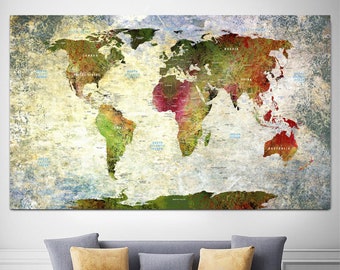 World Map Canvas Wall Art Vintage Educational World Map Colorful Map Multi Panel Print for Nursery Room