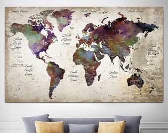World Map Canvas Wall Art Detailed World Map Wall Hanging Decor Educational Map Stylized Map Wall Art