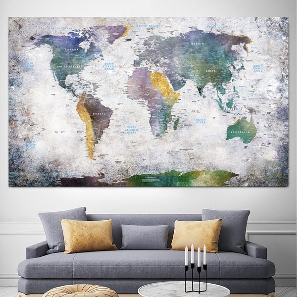 Colorful World Map Print Detailed World Map Educational Map on Canvas Customized Travel Map Wanderlust World Map for Office Decor