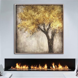 Large Gold Tree Textured Painting on Canvas Nature Art Modern Decor