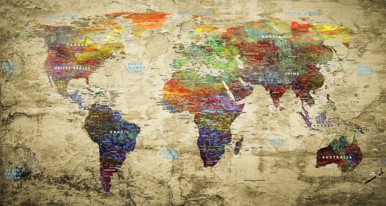 Extra Large Wall Art World Map Watercolor Canvas Print Beige - Etsy UK