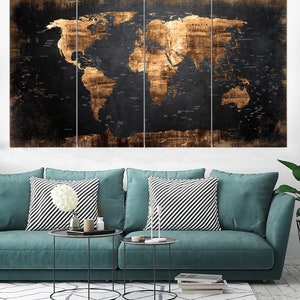 Black Vintage Style World Map Print on Canvas Gold World Map Wall Art World Map Home Decor World Map Decor Continent Decor Atlas Canvas Art image 2