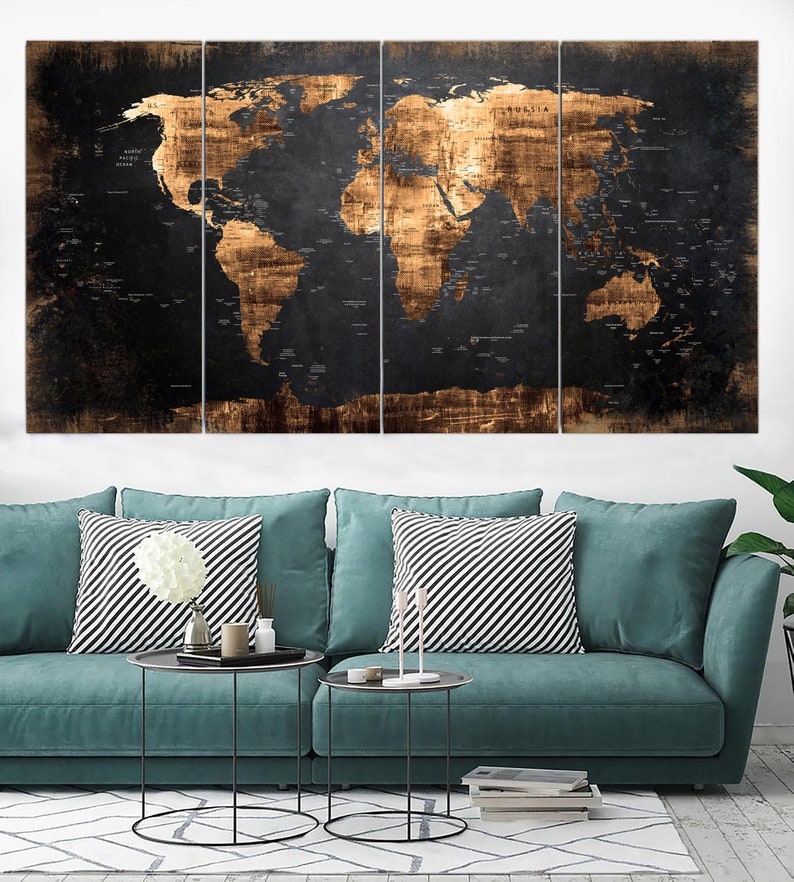 Black Vintage Style World Map Print on Canvas Gold World Map Wall Art World Map Home Decor World Map Decor Continent Decor Atlas Canvas Art image 2