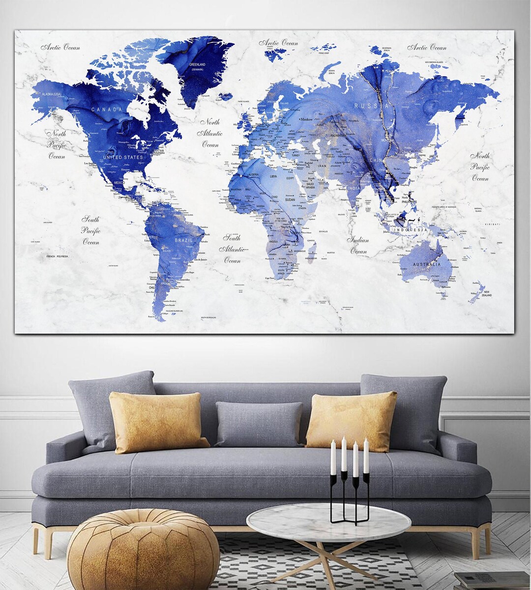 World Map Canvas Wall Art Blue Map of the World Multi Panel Print ...