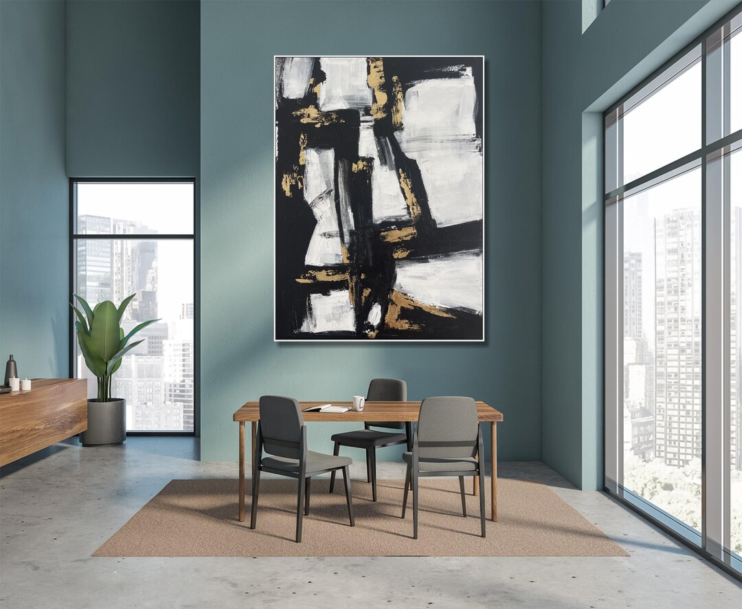 Large Black White Gold Abstract Painting Modern Textured Canvas Wall ...