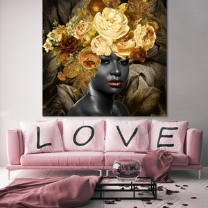 Floral Head Woman Print On Canvas Modern Head of Flowers Print Woman with Flowers Modern Black Woman Strong Decor Black Girl Magic Poster image 4