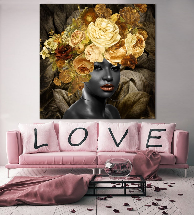 Floral Head Woman Print On Canvas Modern Head of Flowers Print Woman with Flowers Modern Black Woman Strong Decor Black Girl Magic Poster image 4