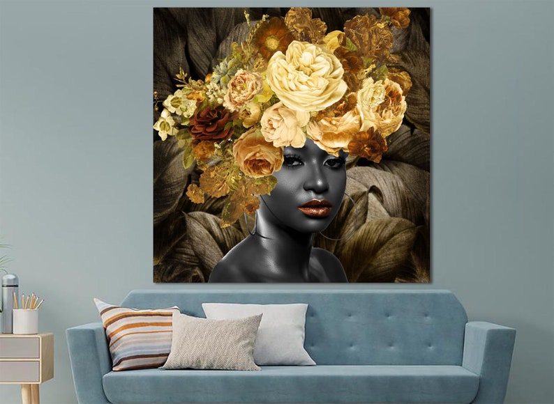 Floral Head Woman Print On Canvas Modern Head of Flowers Print Woman with Flowers Modern Black Woman Strong Decor Black Girl Magic Poster image 1