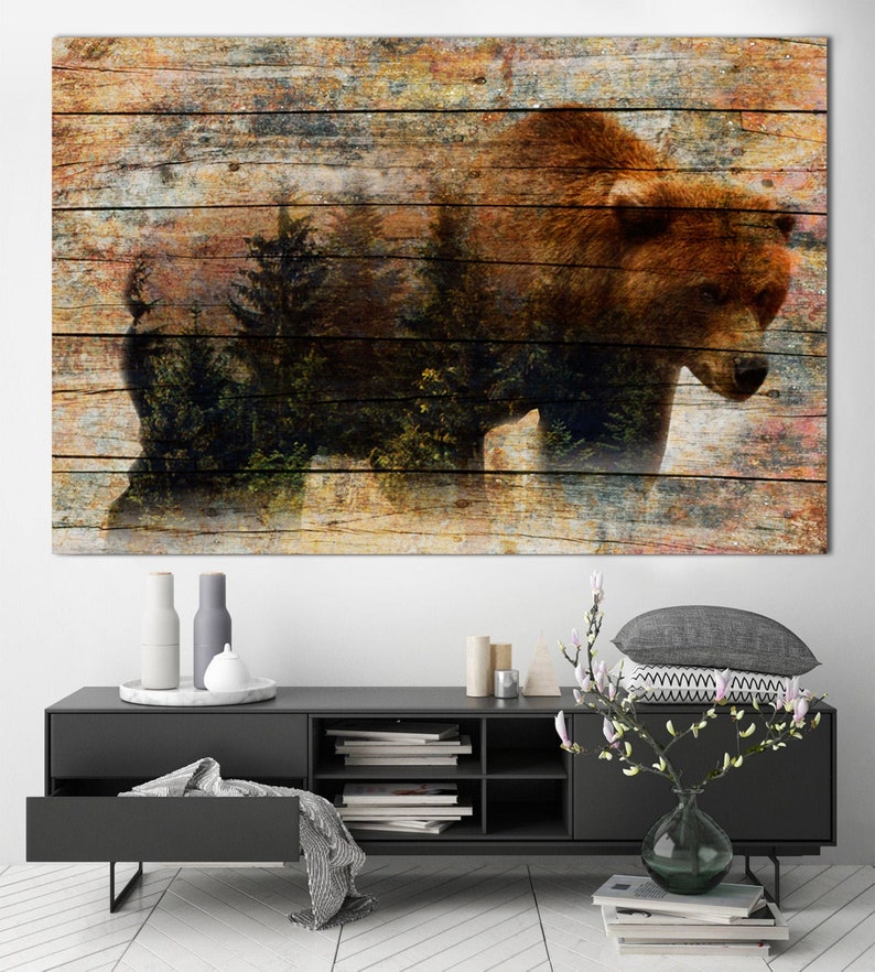 Bear Canvas Wall Art Wild Animal Multi Panel Print Grizzly Bear Wall Print Wild Nature Modern Decor Wood Style Print for Living Room Decor image 1