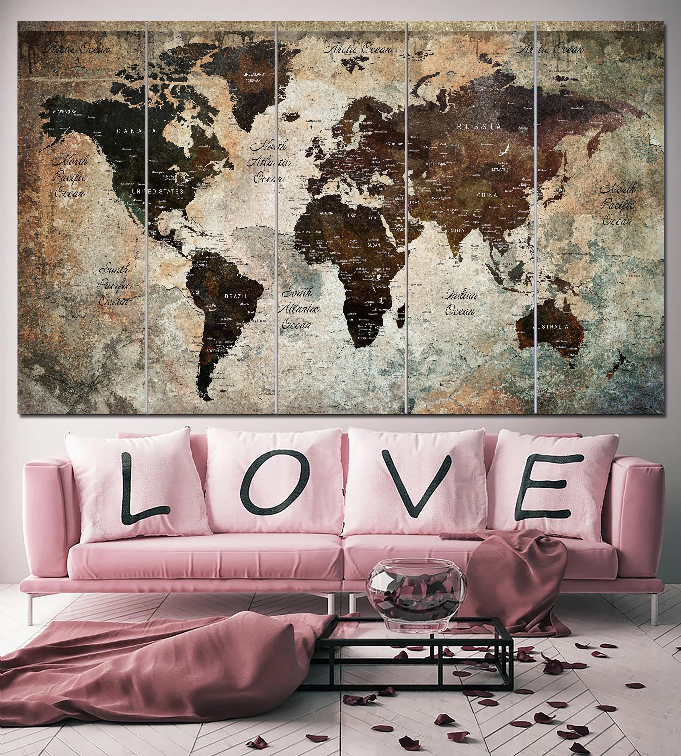 Brown World Map Wall Art World Map Canvas Beige Wall Art Etsy