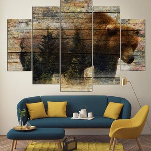 Bear Canvas Wall Art Wild Animal Multi Panel Print Grizzly Bear Wall Print Wild Nature Modern Decor Wood Style Print for Living Room Decor image 4