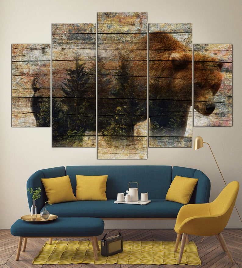 Bear Canvas Wall Art Wild Animal Multi Panel Print Grizzly Bear Wall Print Wild Nature Modern Decor Wood Style Print for Living Room Decor image 4