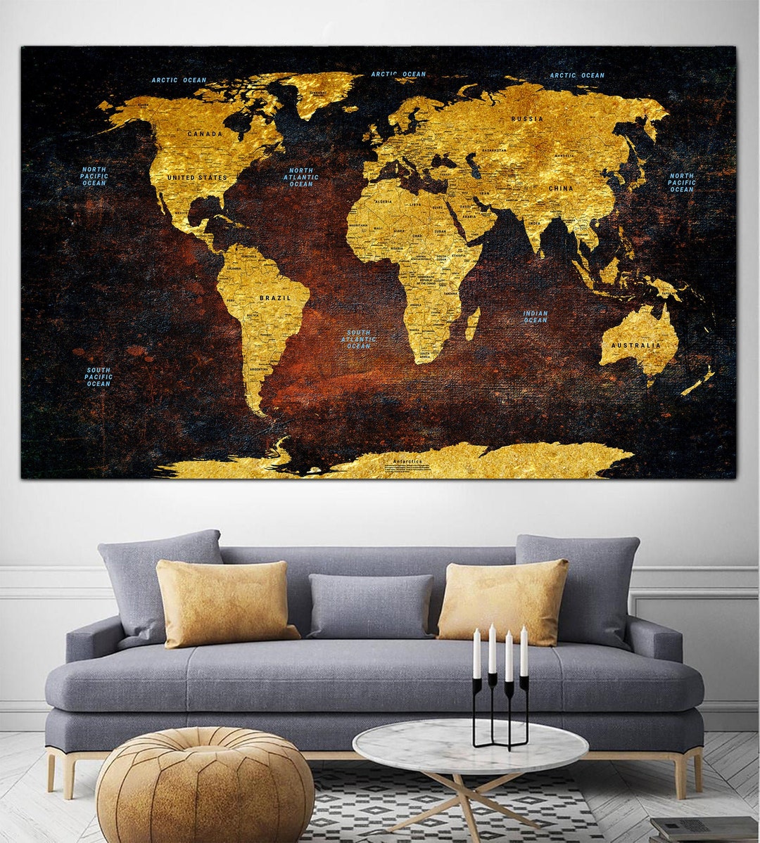 Golden World Map Canvas Wall Art Map of the World Multi Panel Print