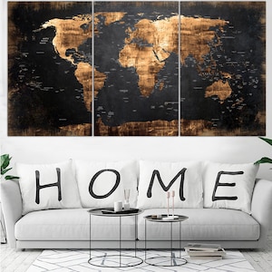Black Vintage Style World Map Print on Canvas Gold World Map Wall Art World Map Home Decor World Map Decor Continent Decor Atlas Canvas Art image 4