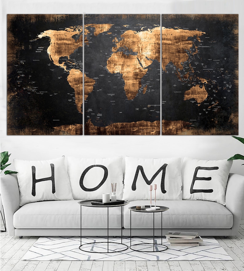 Black Vintage Style World Map Print on Canvas Gold World Map Wall Art World Map Home Decor World Map Decor Continent Decor Atlas Canvas Art image 4