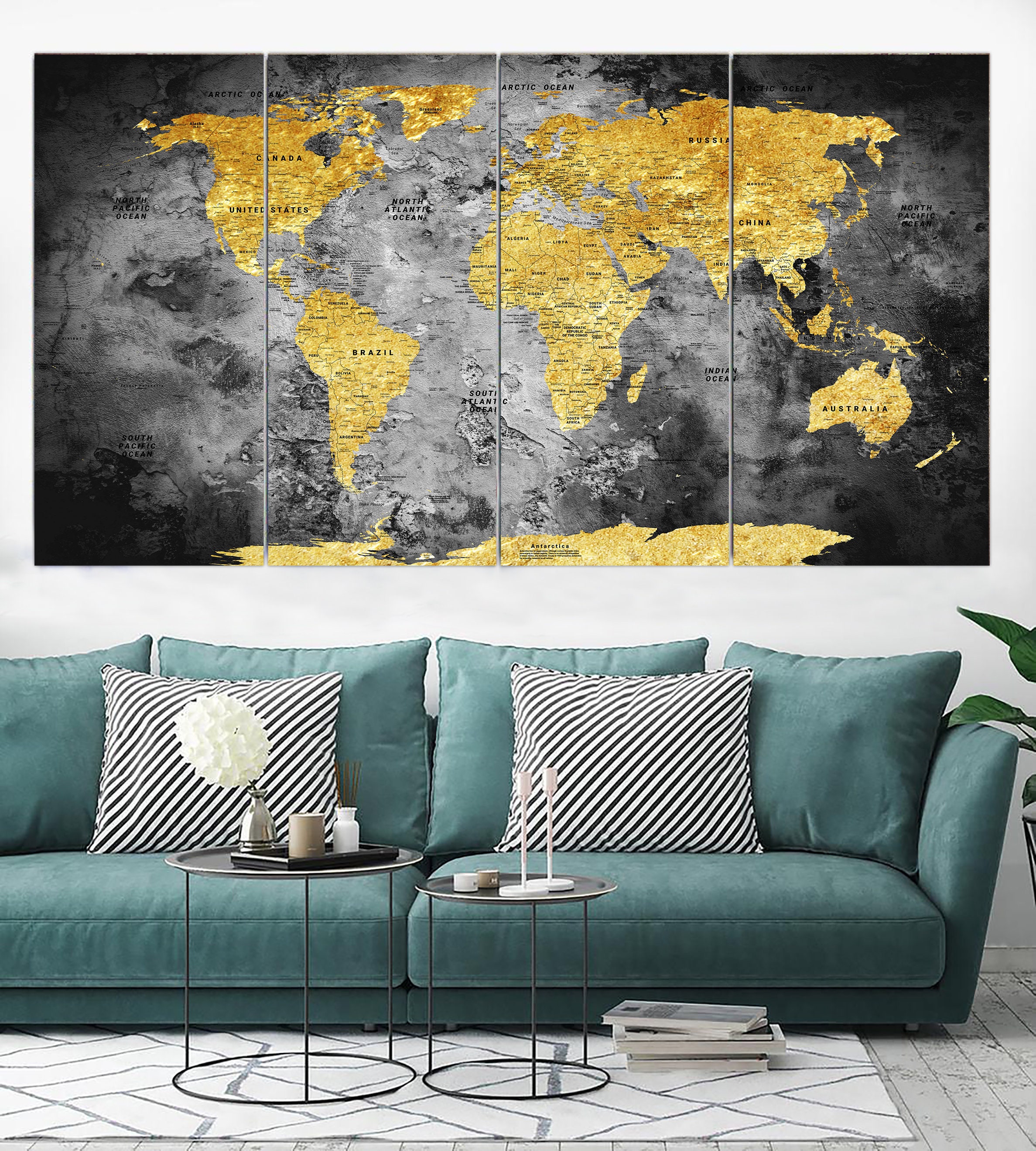 gold world map print on canvas vintage style world map wall etsy