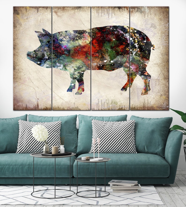 Abstract Pig Print On Canvas Farm Animals Artwork Original Domestic Animals Multi Panel Print Illustration Wall Art for Indie Room Decor image 3